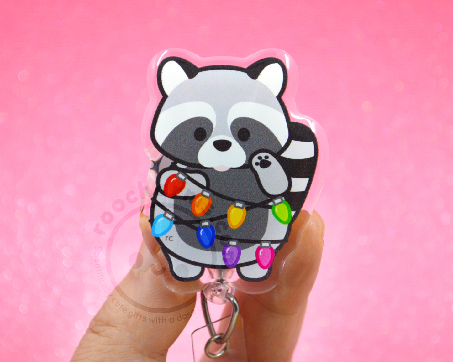 Holiday Lights Raccoon Acrylic Badge Reel