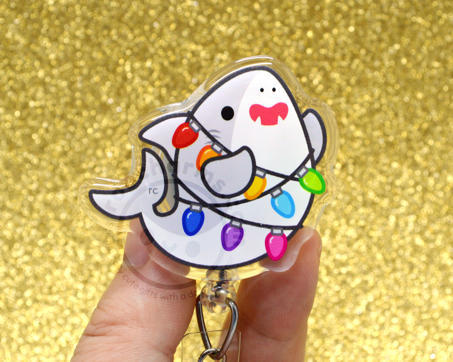 Holiday Lights Shark Acrylic Badge Reel