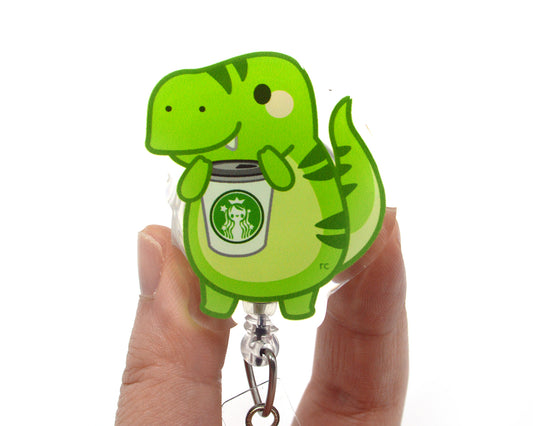 Coffee T-Rex Acrylic Badge Reel