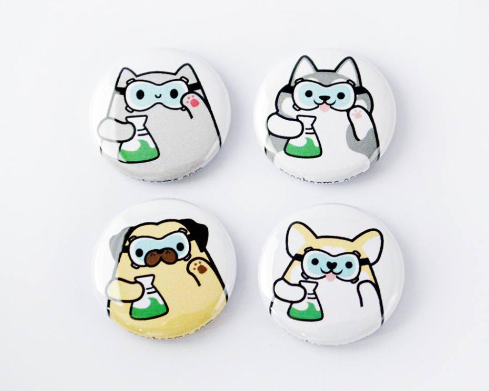 Button Set, Magnet Set, Chemistry Gift, Corgi, Pug, Cat, Husky, Biology Gift - roocharms