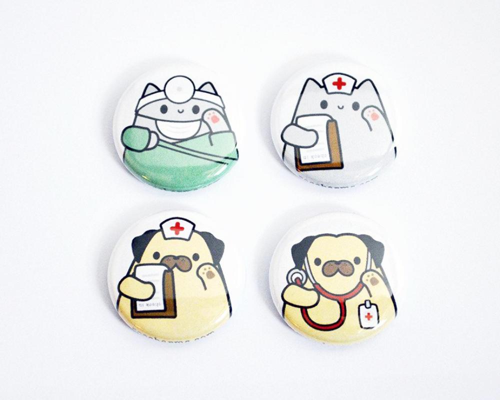 Magnet Set, Button Set, Doctor Pug, Nurse Pug, Doctor Cat, Nurse Cat, Veterinarian Gift, Nurse Gift, Medical Student Gift, Nursing Student Gift, Doctor Gift - roocharms