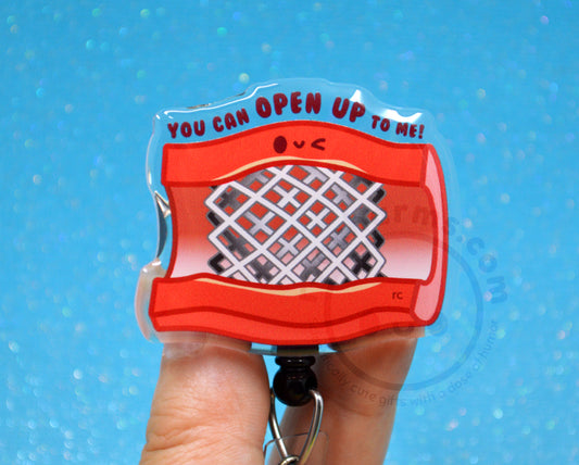 Open Up To Me Stent Badge Reel