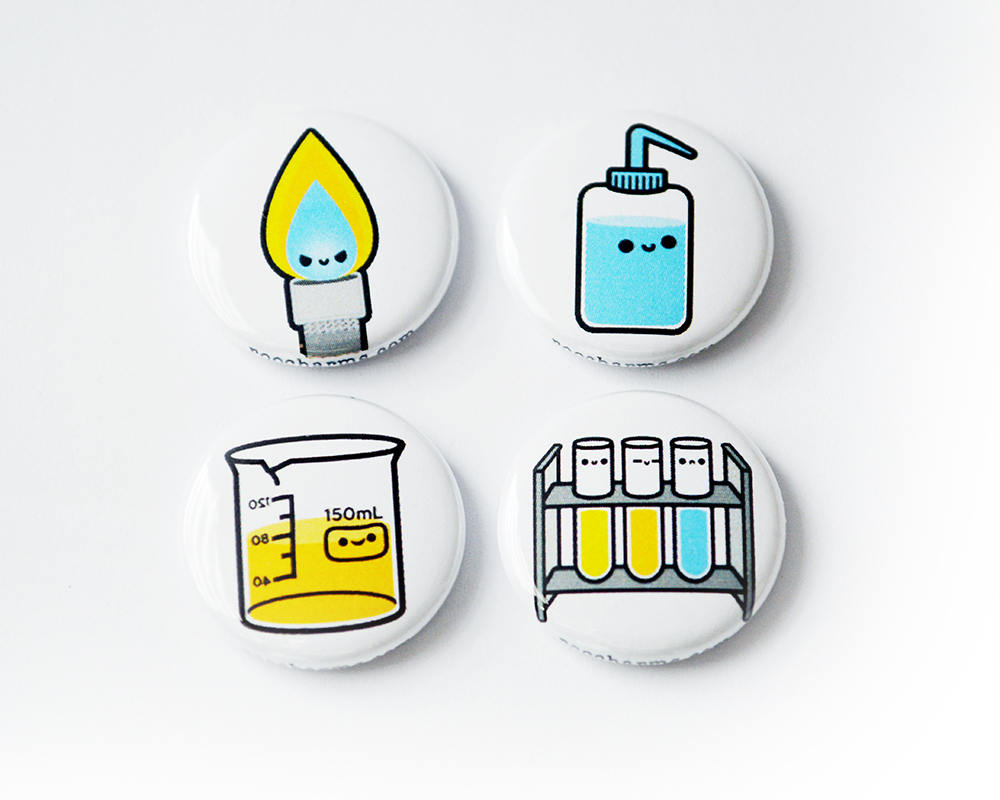 Button Set, Magnet Set, Chemistry Gift, Biology Gift, Lab Equipment, Bunsen burner, beaker, wash bottle, test tube - roocharms