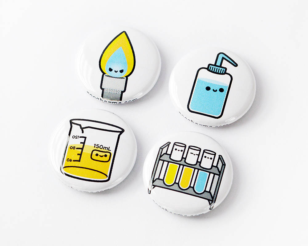 Button Set, Magnet Set, Chemistry Gift, Biology Gift, Lab Equipment, Bunsen burner, beaker, wash bottle, test tube - roocharms