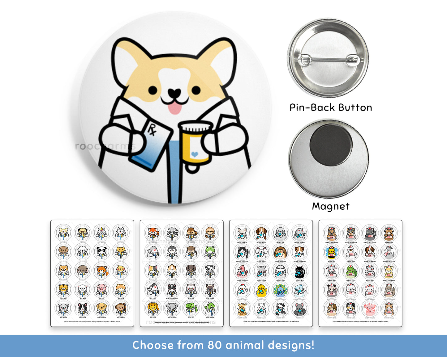 Pharmacy Animal Buttons or Magnets